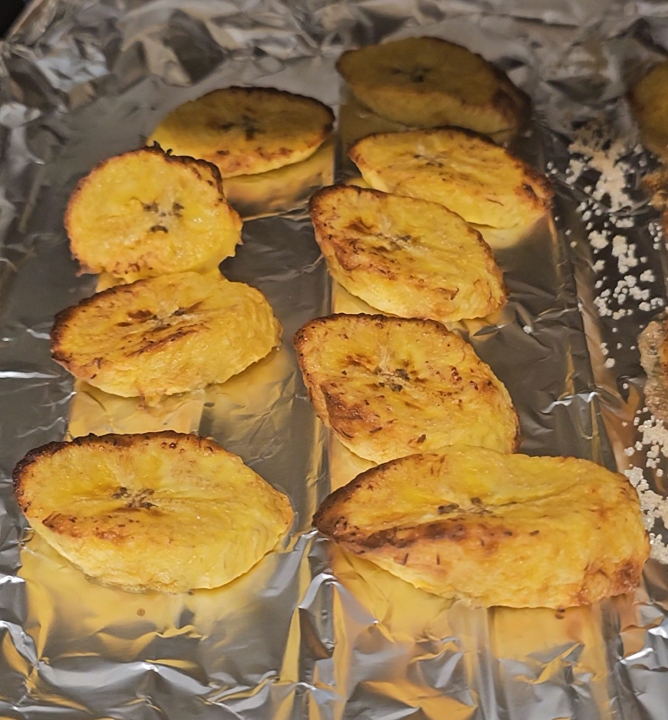 golden brown air fried plantain slices